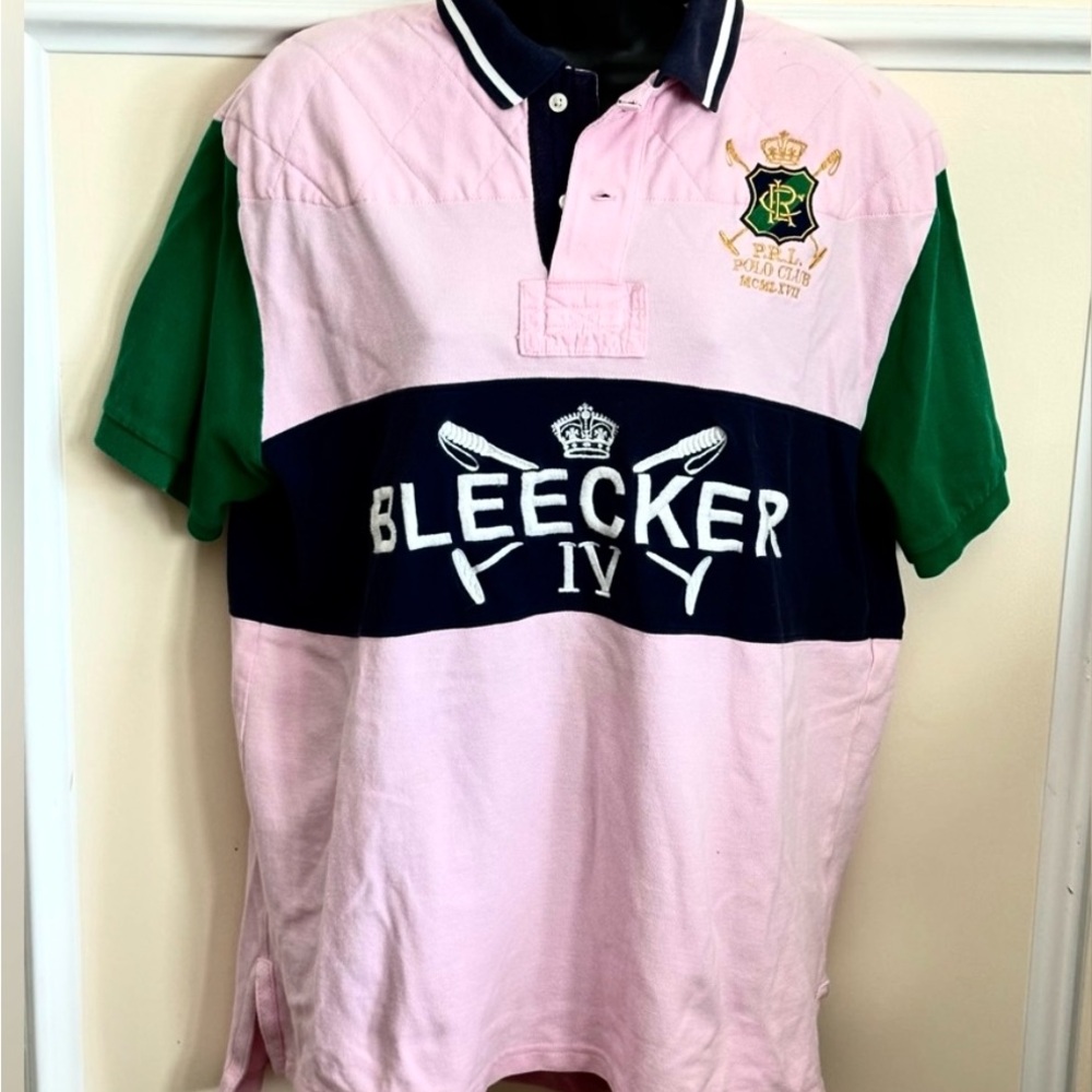 Men's Pink and Green Polo Shirt Large